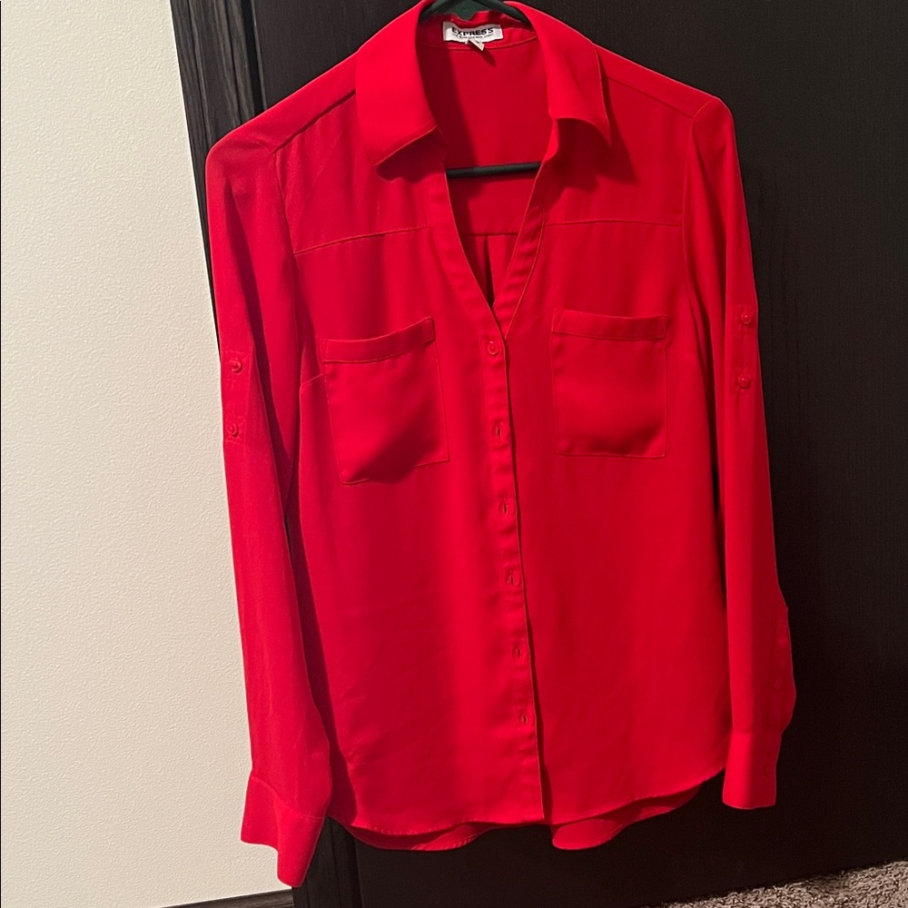 Express Bright Red Long-Sleeve Button Down Shirt